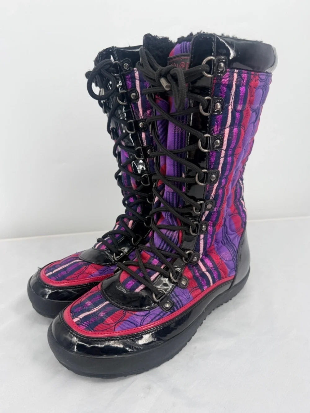 Coach Peggy Winter Boots Plaid Patent Leather Fur Lined Size 9
